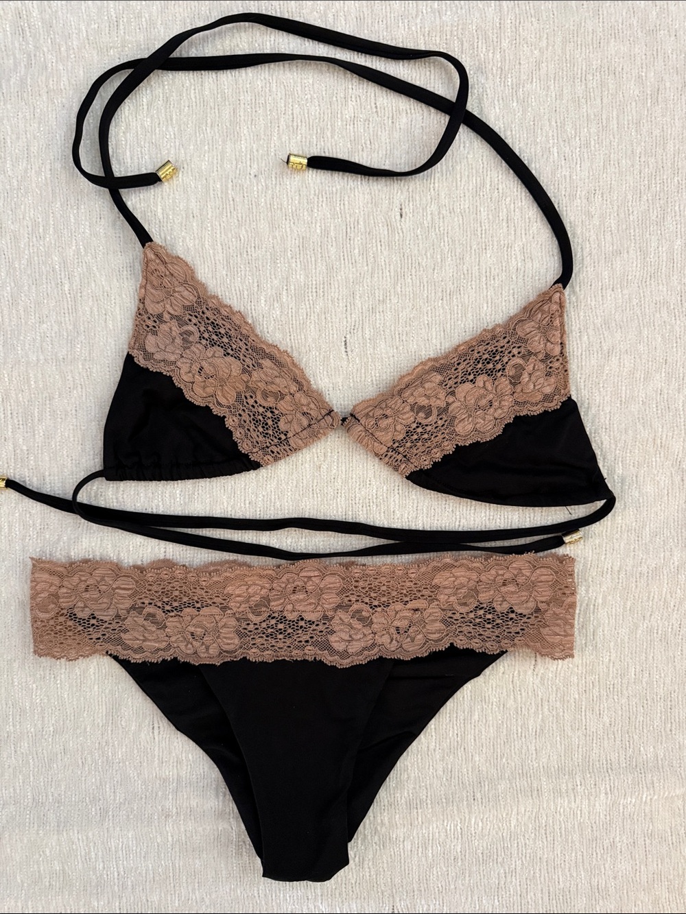 Beach Bunny Black Bikini with Taupe Lace Trim